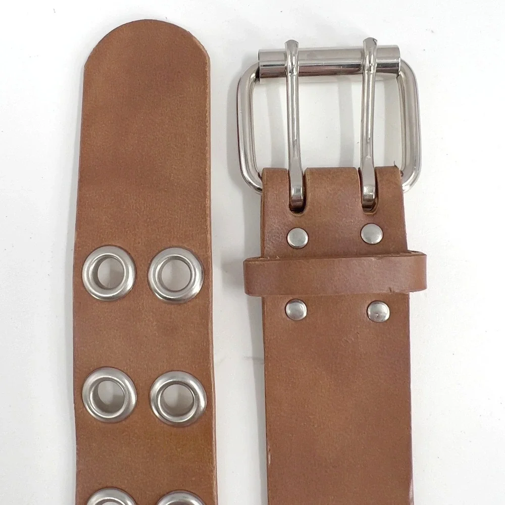 Womens Wide Double‎ Row Grommet Belt Brown Bonded Leather Silver Buckle L